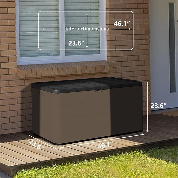 ZZM 110 Gallon Lockable Resin Deck Box, Waterproof Outdoor Storage Box for Patio Cushion Storage Cabinet and Tools Storage, Coffee