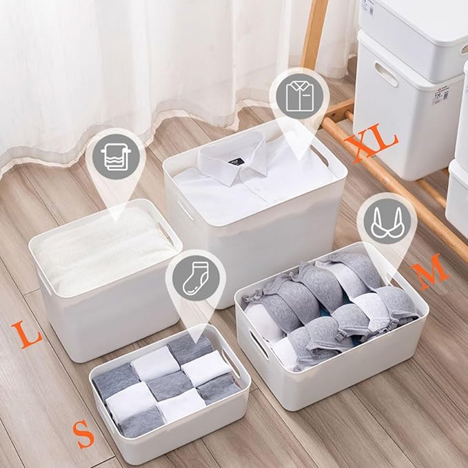 4 pack large plastic White storage bins Baskets, Toy Box Chest with Lids and Handle，Organizer Containers for Baby，Kids,snacks,Nursery，Shelves，Playroom, Bedroom，Office,Closet，home