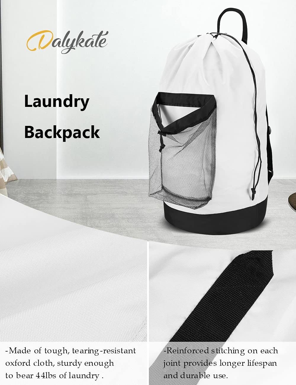 Dalykate Backpack Laundry Bag, Laundry Backpack with Shoulder Straps and Mesh Pocket Durable Nylon Clothes Hamper Bag with Drawstring Closure for College, Travel, Laundromat, Apartment