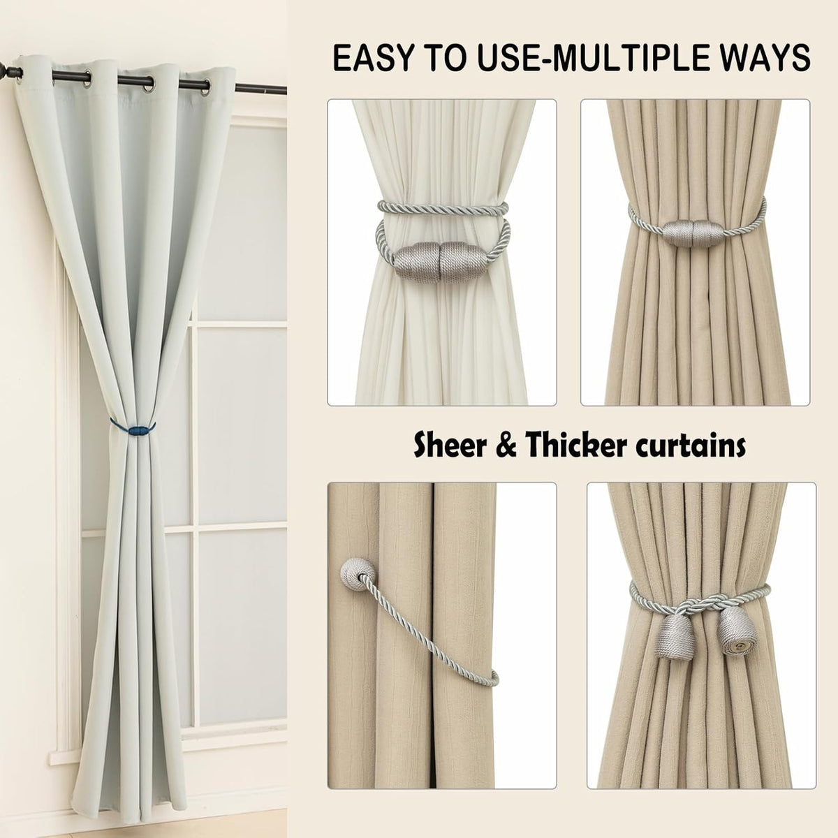 Magnetic Curtain Tiebacks Rope Curtain Tie Backs for Curtains 6 Pack Curtain Holders for Drapes Decorative Window Curtain Holdbacks, Grey