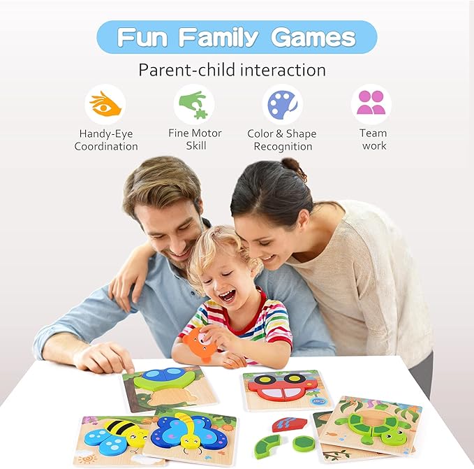 MAGIFIRE Wooden Puzzles for Toddlers 1-3 - 6-Pack Multicolor Animal & Car Puzzles - Toddler Montessori Style Toys