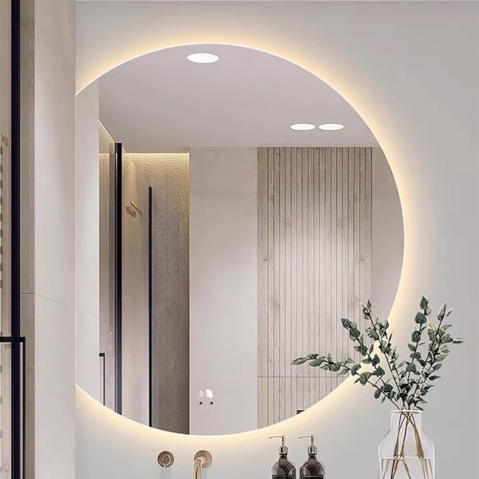 Half circle mirror，half circle mirrors for wall，half moon mirrors for wall，Dimmable LED Vanity Mirror Half Circle,Illuminated Mirror with Demister Pad, Anti-fog bathroom mirror，3 colours dimmable(Warm
