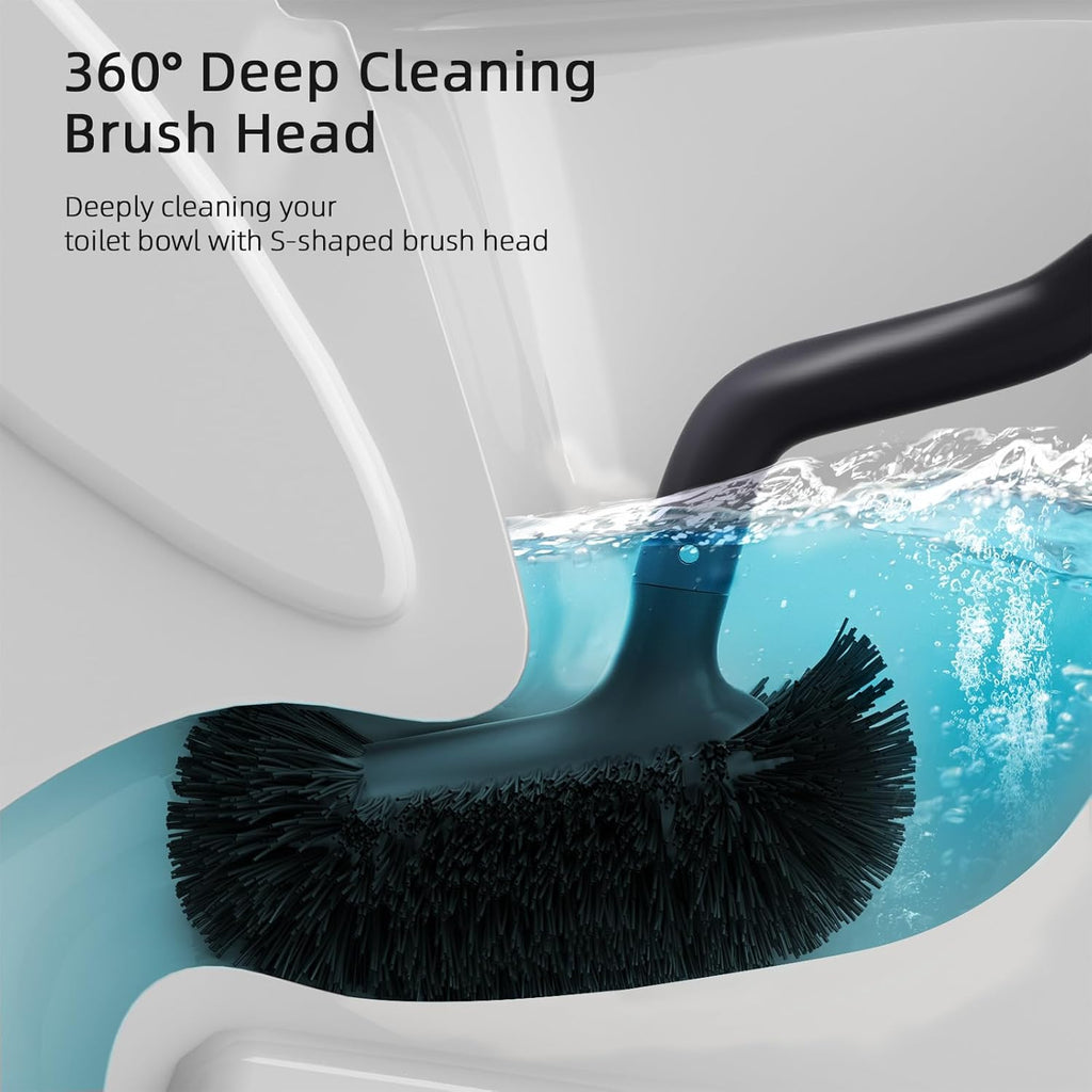 HAMITOR Toilet Bowl Brush Holder Set: Bathroom Deep Cleaning Toilet Cleaner Scrubber Under Rim with Curved Bristle for Dead Corner Clean - Hidden Rv Toilet Decorative Accessories with Caddy- Black
