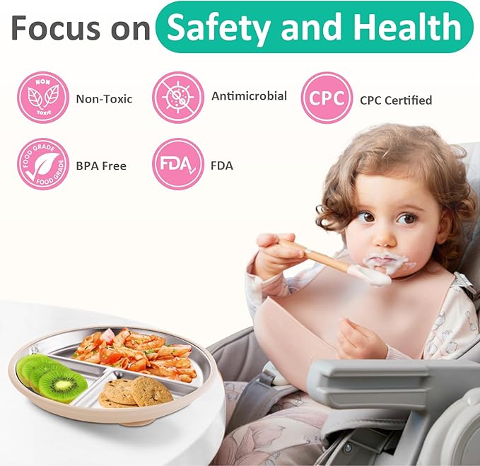 Stainless Steel Baby Plate with Suction, 9” Divided Toddler Plates with Removable Silicone Sleeves for Kids, Non-Toxic Non-Slip Unbreakable Dishwasher Safe Dinnerware Set of 2, Pink & Beige