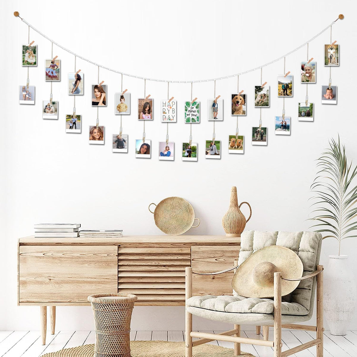 8 Feet Wooden Beads Garland with Clothespins Picture Cards Holder - Country Farmhouse Christmas Nursery Boho Holiday Decorations with Clips