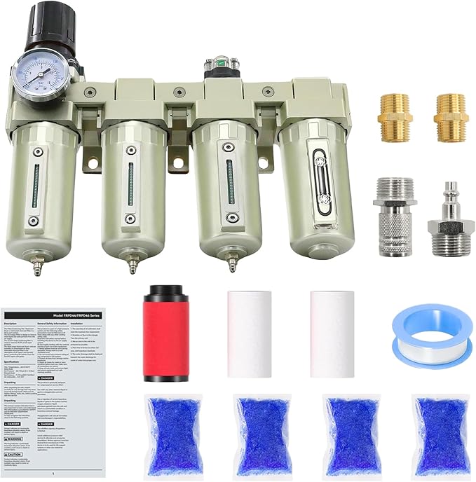 3/4" NPT Industrial Grade 4 Stage Air-Dryer-for-Compressor, Air-Compressor-Water-Separator-System for Plasma Cutter and Paint Spray, 3Filter&1Dryer System，Manual Drain