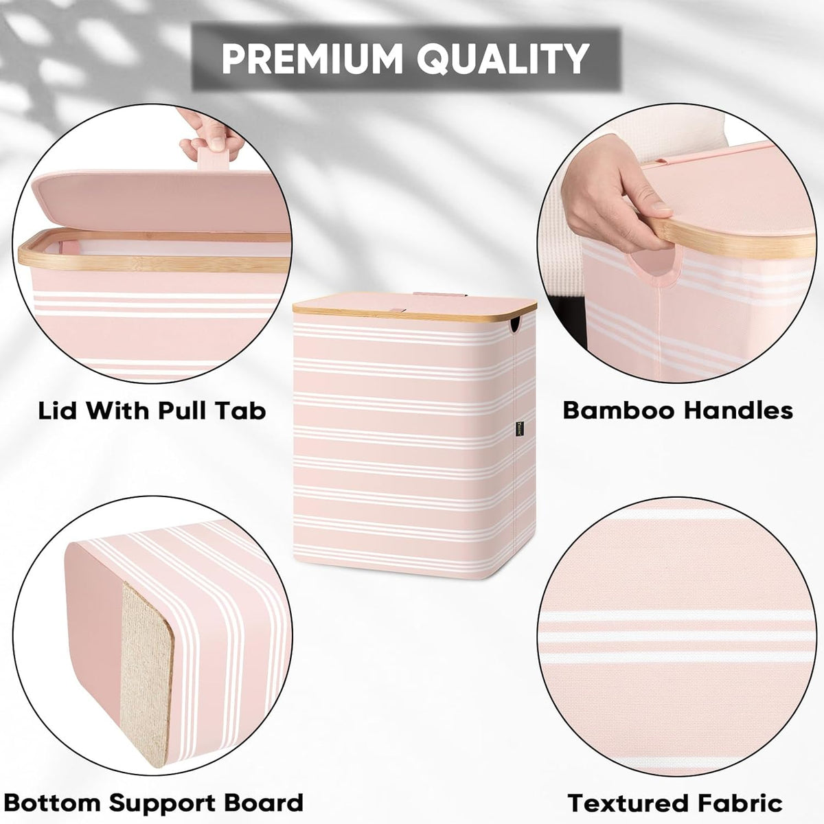 BALEINE Laundry Hamper with Lid, Tall Laundry Baskets with Bamboo Pull Handles, Large Laundry Bin with Internal Support (36 Gal/140L, Pink Pinstripe)
