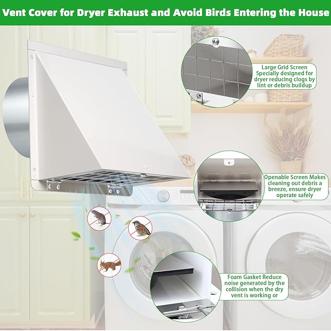 6 Inch Hooded Wall Vent with Mesh&Damper,6''Exhaust Vent Cover,6in Dryer Vent Cover Outside Metal Wall Exhaust Vent Cap Hood for Outdoor Kitchen Range Hood/Bathroom Exhaust Duct-Galvanized Steel,White