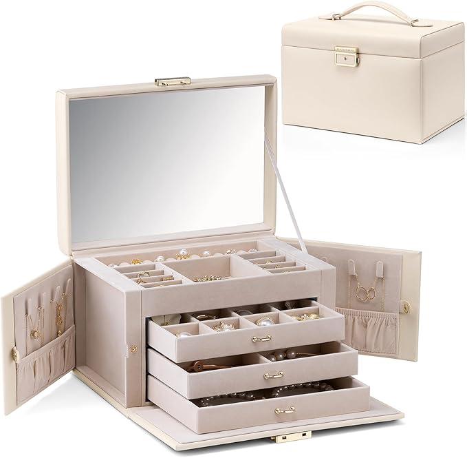 Vlando Jewelry Box for Mothers Day Teacher Appreciation Gifts, 4-Tier Jewelry Organizer with Lock, Mirror Jewelry Box for Earring, Ring, Necklace and Bracelets, Jewelry Storage for Women Girls - Beige