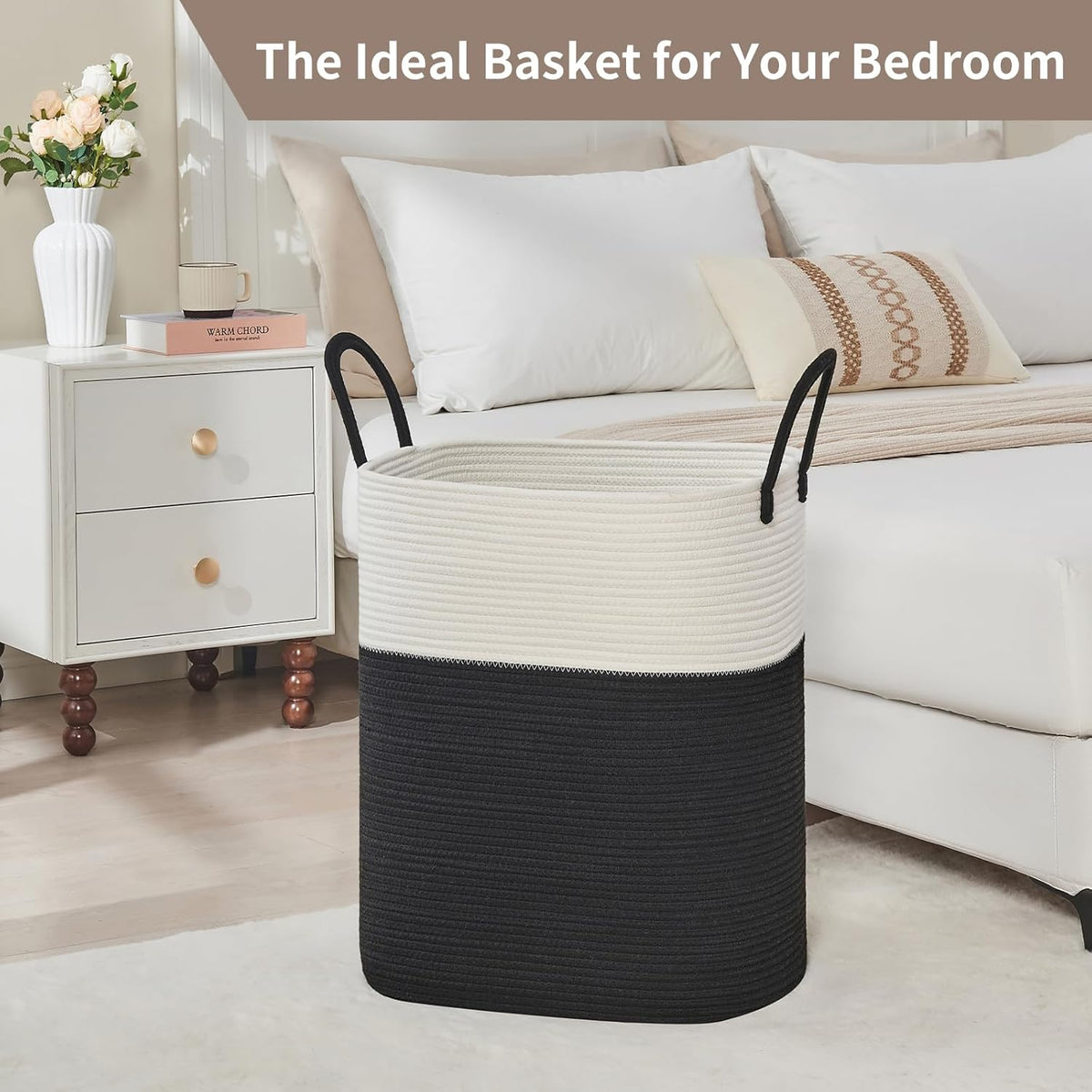 Laundry Basket with Handles - Blanket Basket & Hampers for Bedroom Aesthetic, Laundry Hamper & Blanket Storage for Living Room, Clothes Hamper, Tall, Large 17" x 14" x 25”, White & Black