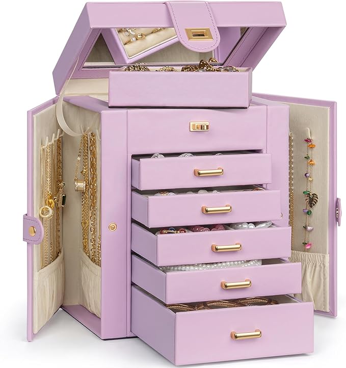 AKOZLIN Jewelry Box Organizer Functional Leather Jewelry Storage Case for Women Girls Ring Necklace Earring Bracelet Holder Organizer with Mirror