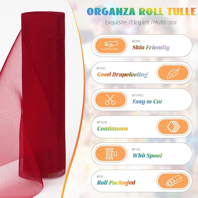 Crystal Organza Fabric Tulle 11 Inch by 50 Yards Sheer Tulle Rolls for DIY Craft Wedding Party Baby Shower Decor Gift Wrapping Party Supplies (Wine)