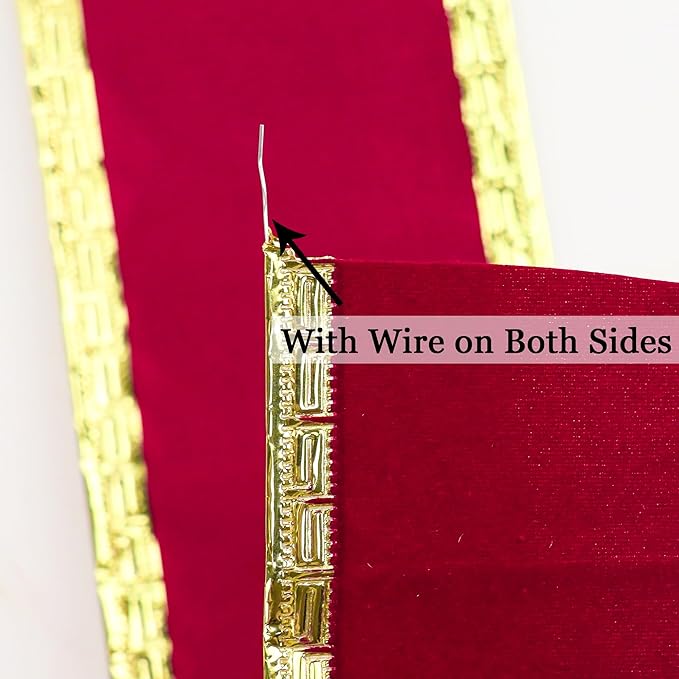MEEDEE Burgundy Velvet 2.5 Inch Dark Red Christmas Ribbon 10 Yards Wired with Gold Greek Key Edge for Tree Decoration
