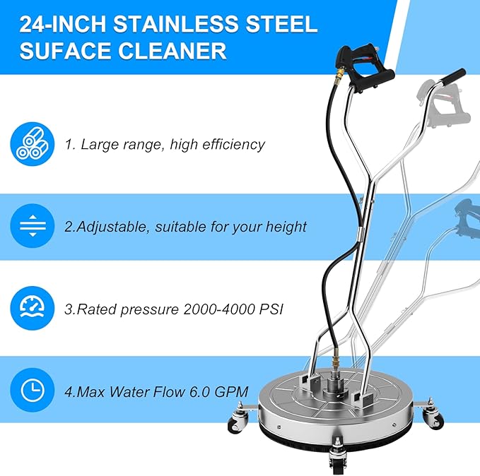 24" Pressure Washer Surface Cleaner with 304 Industrial-Grade Stainless Steel Housing, Dual Handle, Driveway Pressure Washer Attachment, 2 Replacement Nozzles, for Concrete, Sidewalk, Deck, 4000 PSI