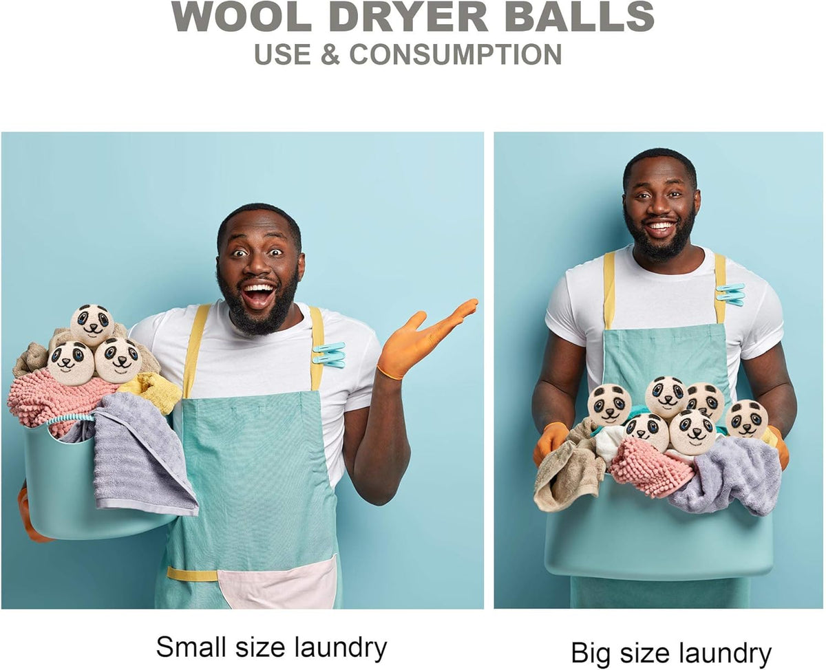 Wool Dryer Balls Organic Felt 6 Pack Laundry Fabric Softener, Extra Large Reusable Handmade Natural Sheep Wool Lint Wrinkle Free Anti Static Baby Safe (Panda)