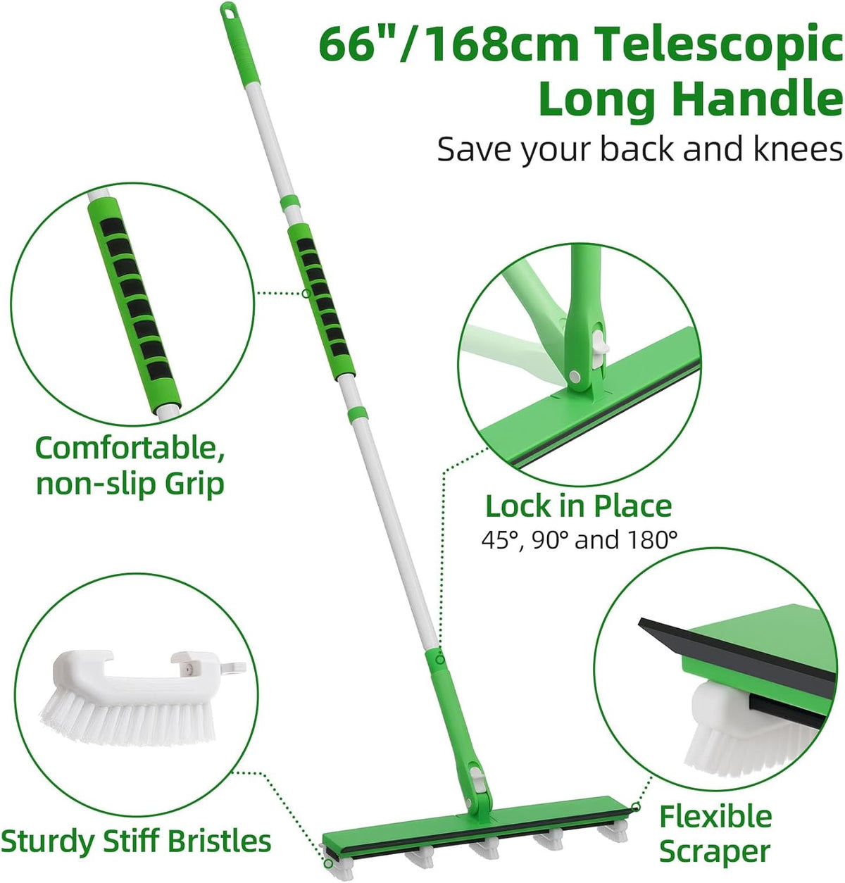 Grout Cleaner Brush with 66'' Long Handle Stiff Bristle Multi-Line Cleaner Adjustable Heads Grout Scrub Crevice Cleaning Brush for Tile Floor, Shower, Bathroom, Kitchen, Wall