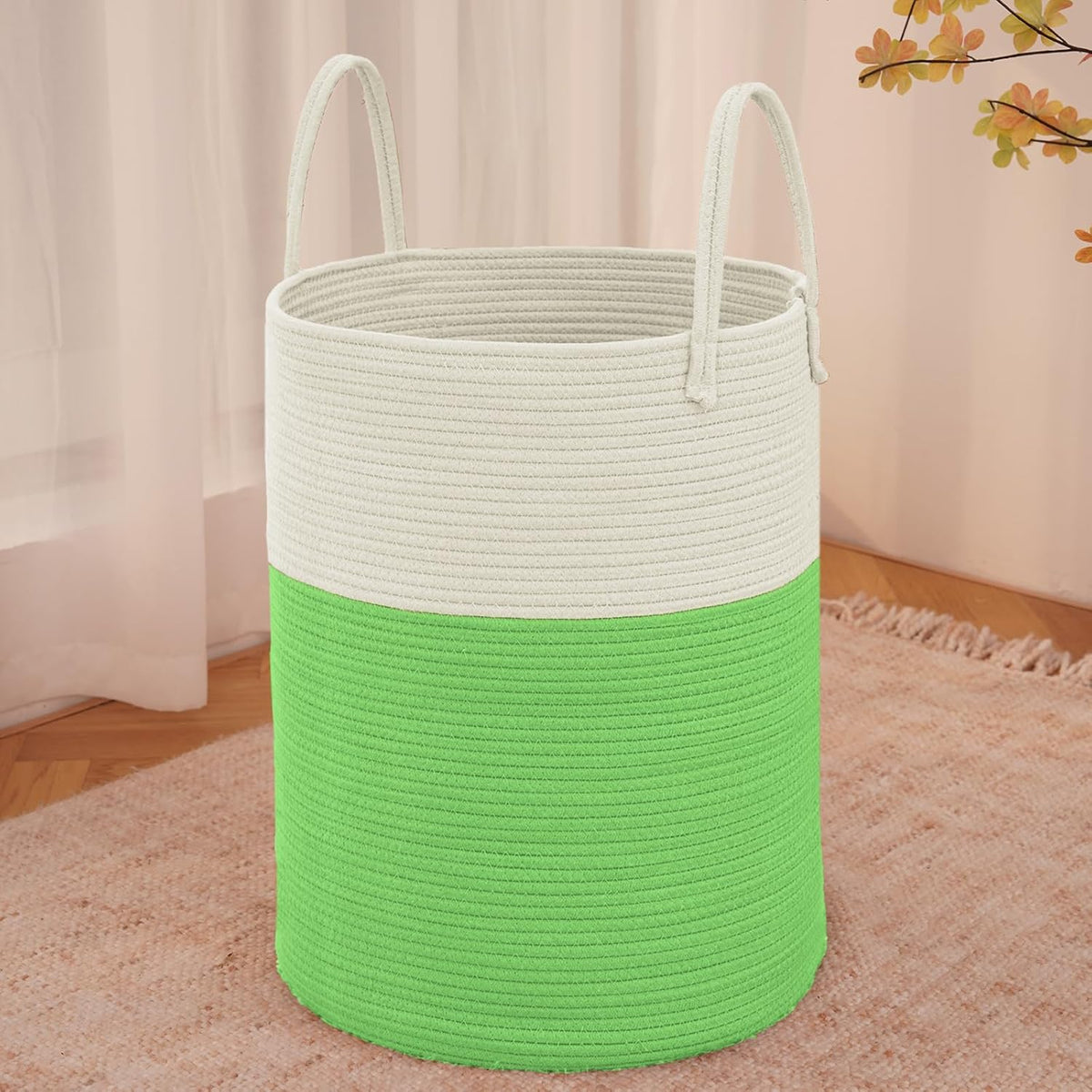 Large Woven Laundry Basket Hamper,60L Cotton Rope Storage Bin for Blankets,Toys and Clothes,Decorative Tall Nursery Hamper for Living Room,Baby Nursery,Bathroom and Bedroom,Light Green