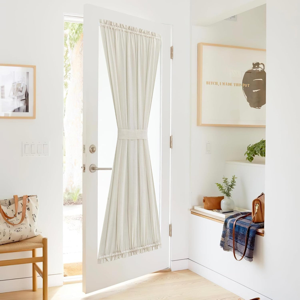 NICETOWN Front Door Curtain - 72 inches Long Faux Linen Door Window Cover for Kitchen Living Room Rod Pocket Sheer Curtains for Entryway/Garage with Tieback, 1 PC, 52 inches Wide, Ivory White