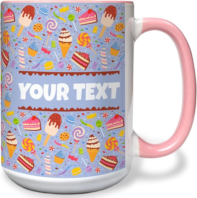 Personalized Mug for Kids - Sweets - Custom Name/Text, Ceramic Hot Chocolate/Cocoa/Coffee Cup for Boys/Girls, Birthday/Christmas/Holiday Gift - 15 oz, Pink Handle
