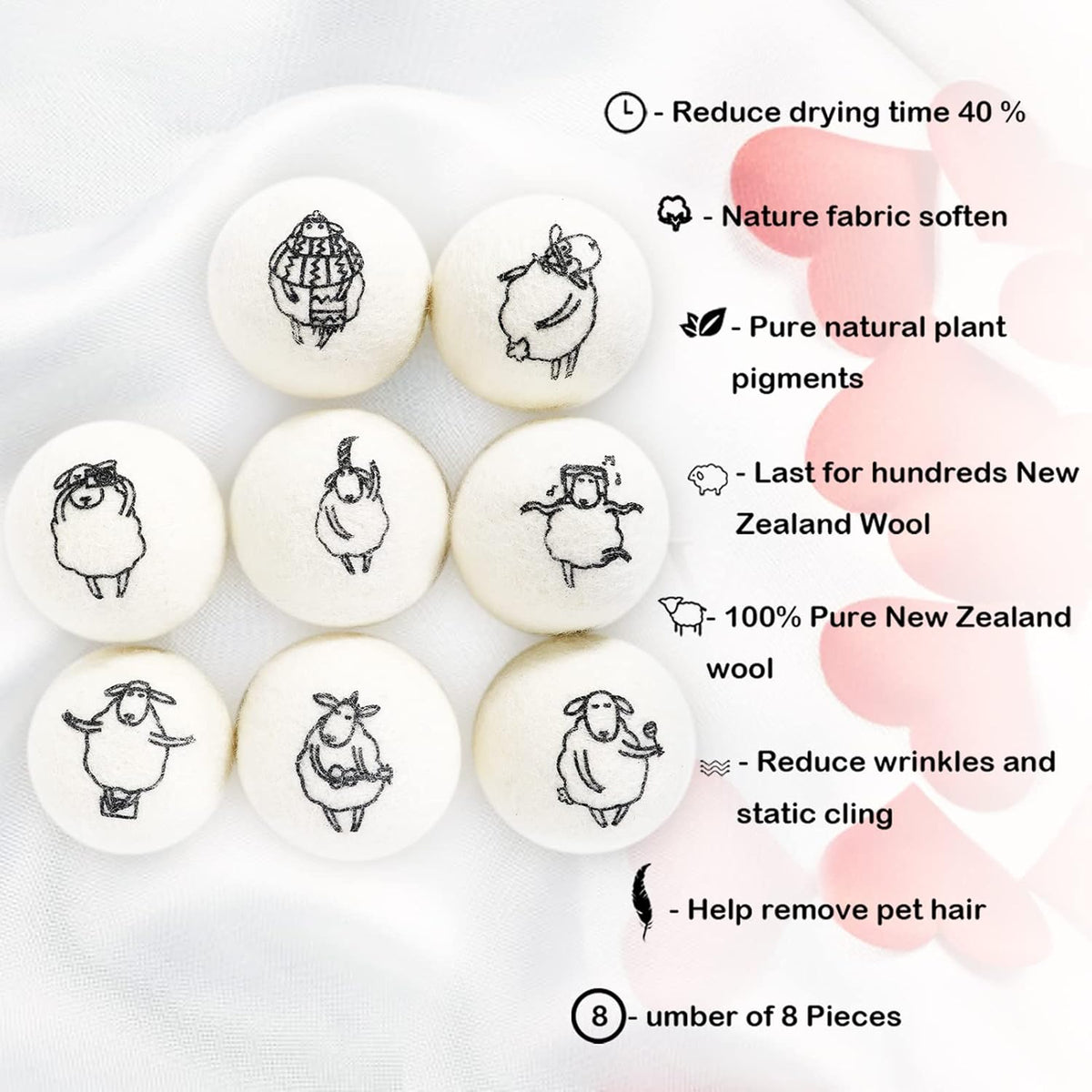 Wool Dryer Balls, 8PCS Dryer Balls with Happy Sheep - Natural & Organic, 100% New Zealand Wool Handmade, Chemical-Free Reusable Laundry Balls, Anti-Static Reduce Wrinkles and Save Time