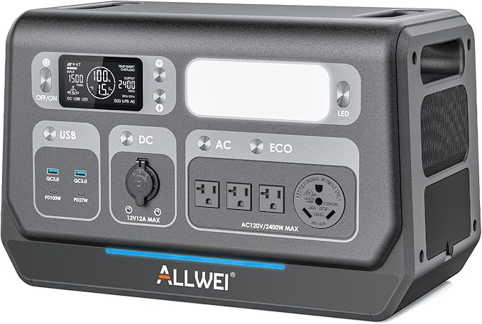 ALLWEI 2400W LiFePO4 Portable Power Station,2048Wh Solar Generator with 1500W AC Charging &1200W Solar Charging,with ATS UPS Mode, 4 AC Outlet(Power Lifting 3600W) for Home Backup, Power Outages & RVs