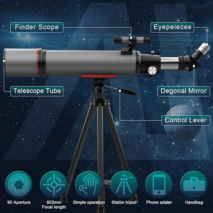 Aurosports Telescope for Adults High Powered - 90mm Aperture 600mm Refractor Telescope for Kids & Beginners -Portable Travel Telescope with Phone Adapter Tripod Wireless Remote & Carry Bag