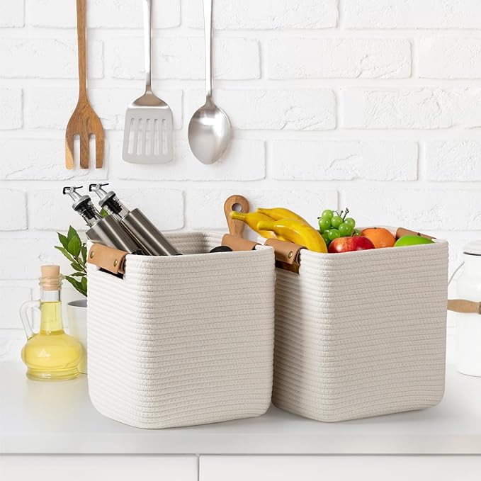 danpinera Set of 3 11 Inch Storage Baskets, Cube Storage Bins, White Woven Baskets with Stable Leather Handles, Square Cotton Rope Bins for any Room, Easy to Recover