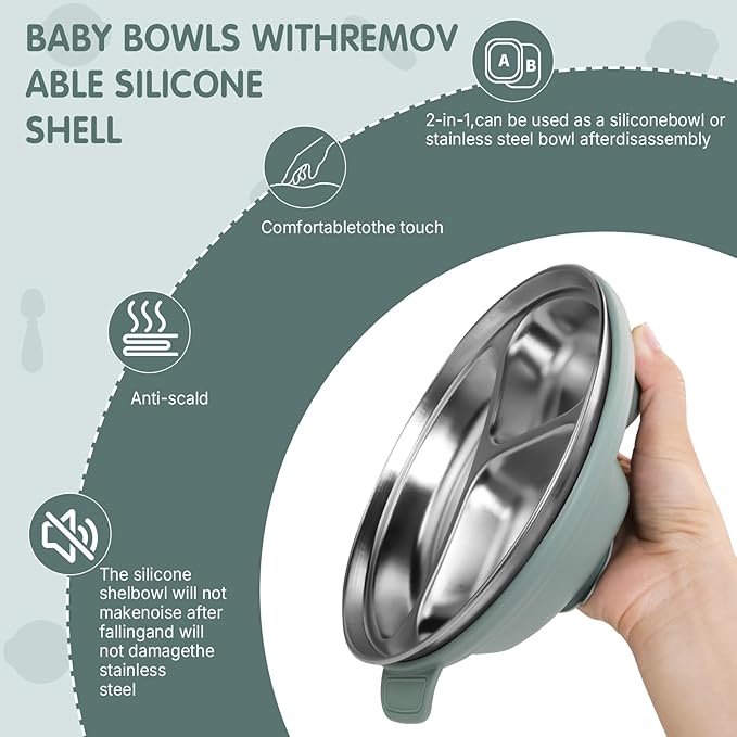 Stainless Steel Toddler Plates with Suction | Non-Slip Divided Baby Plates BPA Free & Non Toxic | Detachable Silicone Base| Dishwasher Safe | Unbreakable Kids Dinnerware 3-Pack