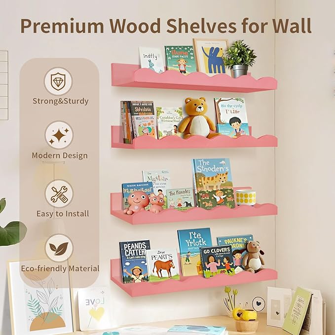 Nursery Book Shelves, 4 Pack Pink Floating Shelves for Wall, Wood Scalloped Shelves for Storage Books, Wall Book Shelf for Kids Rooms, Bedroom, Toddler Room, Baby Room, Nursery Decor