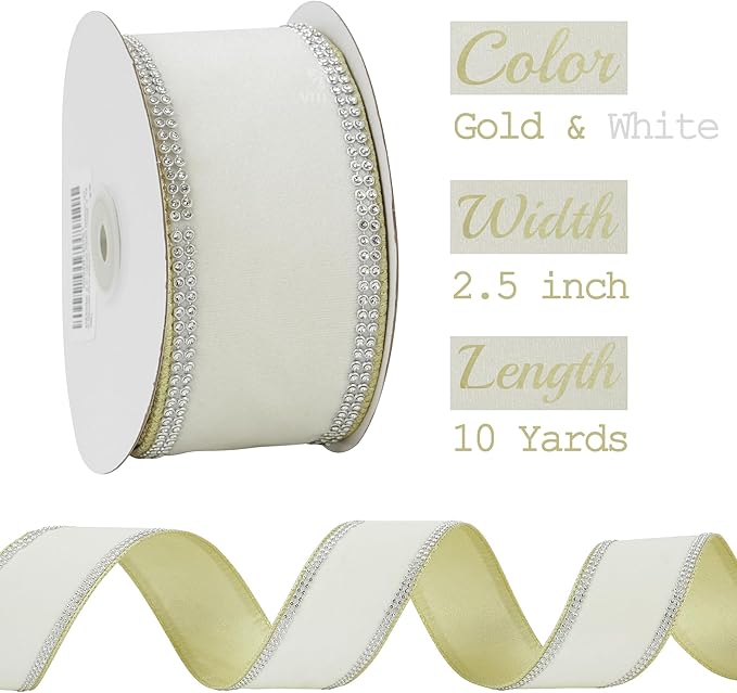MEEDEE Gold & White Velvet with Rhinstone Edge Wired Ribbon 2.5 Inch Luxury Jeweled Ribbon 5 Yards Sparkling Rhinestone Trim for Christmas Tree, Garland, Wreaths, Holiday Home Decor, Wedding Decor