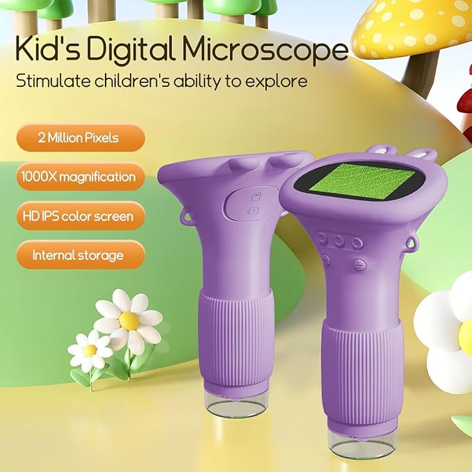 Kids Microscope Pocket Microscope -1000X Portable Microscope for kid | Photo and Video Mini Microscopes | 2'' Digital Little Scientist Microscopes for 3-10 age Years Old boys girls toys gifts (Purple)