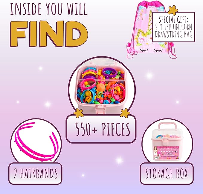 Orian Pop Beads Jewelry Making Kit for Girls, 550+ Piece Set for Girls Ages 3 and Up,Colorful Snap Beads,Bracelet,Necklaces and Rings Unicorn Gift Bag