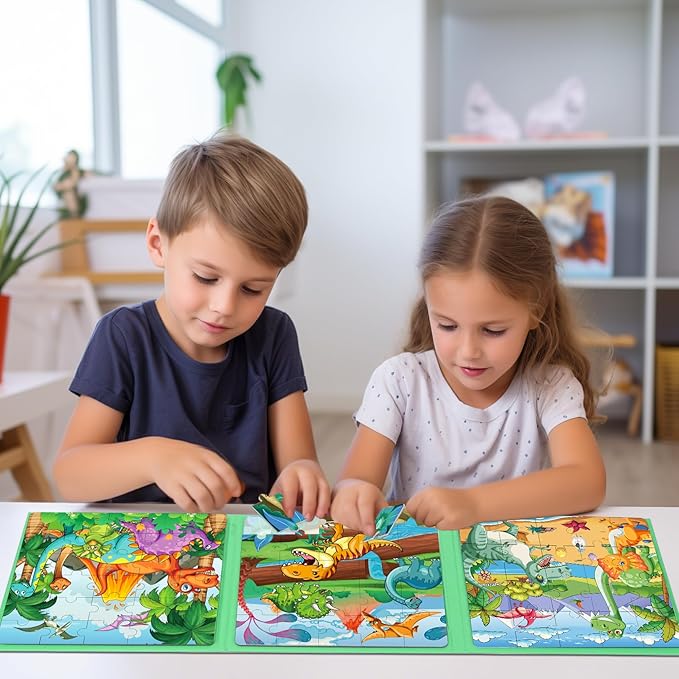 Magnetic Puzzles for Toddlers 3-5 , 75-Pieces Travel Toys , Dinosaur Puzzles Ages 4-6, Educational Learning Magnets, Road Car Trip & Airplane Activities Toys for 3 4 5 6 7 Girls Boys Gift