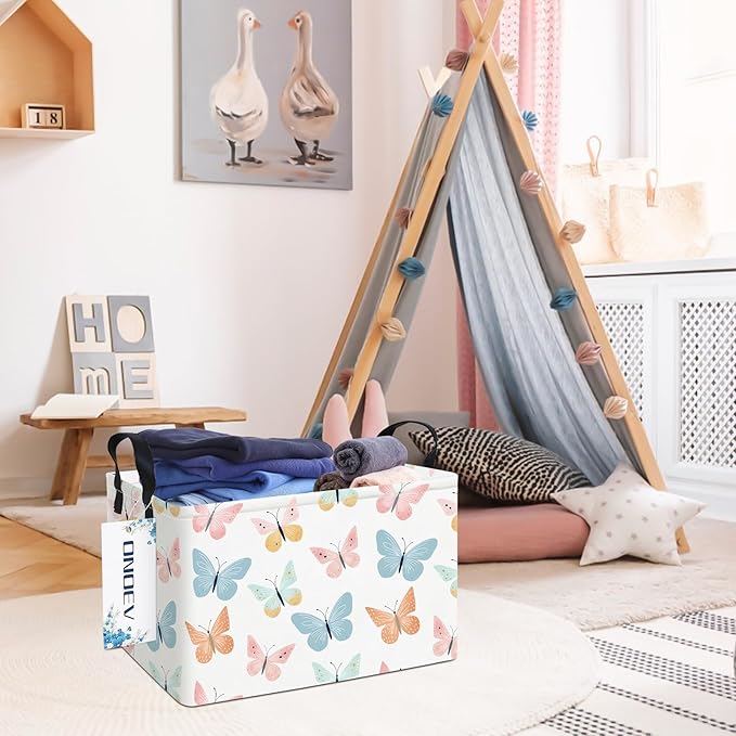 Rectangular Folding Laundry Basket,waterproof Canvas Basket,gift basket,Suitable for children's room,Office,Clothes,Toys Storage(Colorful butterfly)