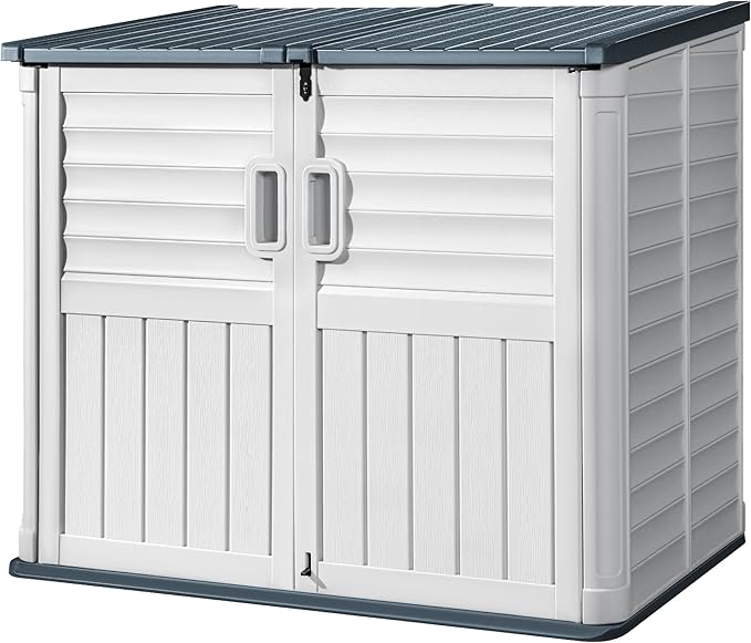 Devoko Resin Outdoor Storage Shed, 34 Cu Ft Outdoor Storage Cabinet Without Shelf, Waterproof, Double Locks, Resin Storage for Trash Can, Garden Tools, Pool Supplies (Beige)