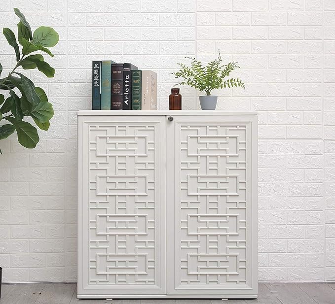 HOMSPARK Indoor/Outdoor Storage Cabinet with Doors and Shelf, 34”x16”x36” HDPE Plastic Storage Box for Patio, Bedroom, Bathroom, Living Room, Balcony, Multi-Purpose for Daily Tools, White
