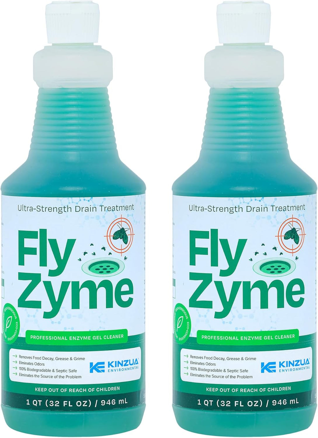 Kinzua Environmental Fly-Zyme, Highly Concentrated Enzyme Drain Cleaner for Pipes, Drain Gel for Fruit Flies, Organic Waste Degrader & Odor Neutralizer, 32 fl oz, Pack of 2