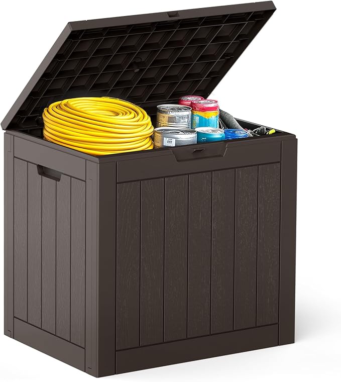 DUMOS 31 Gallon Deck Box, Lockable Outside Storage Box for Outdoor Use, Outside Waterproof Resin Package Delivery Box for Backyard Patio Garden, Brown