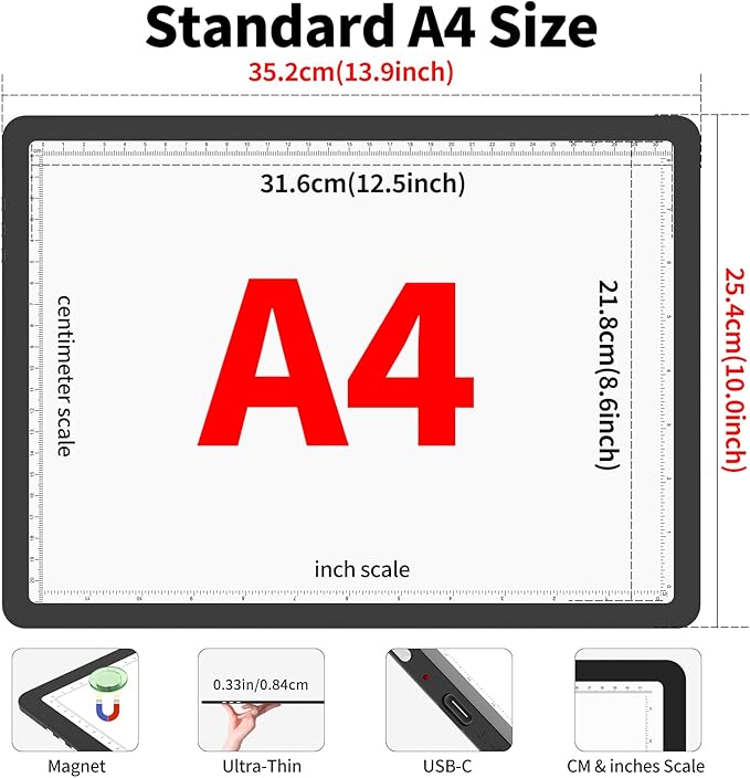 Phylosal Magnetic A4 Light Pad, Super Bright Light Box with Side Button, Diamond Art Light Board, Lightbox for Tracing and Drawing, USB Power Artcraft Light Table for Sketching, Weeding Vinyl (Black)