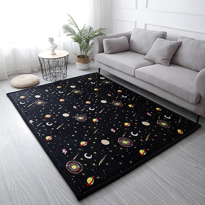 Loartee Coral Velvet Area Rug - 1" Thick Memory Foam Baby Play Mat, Washable Toddler Carpet, Home Decor for Living Room, Nursery, Kids Bedroom, Astral Black, 6'7"x7'10"