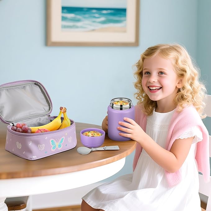 Soup Thermo for Hot Food Kids 16oz Insulated Food Jar Leakproof Thermo Lunch Container for Kids Wide-Mouth Stainless Steel Lunch Box for School with Handle Folding Spoon(3+)
