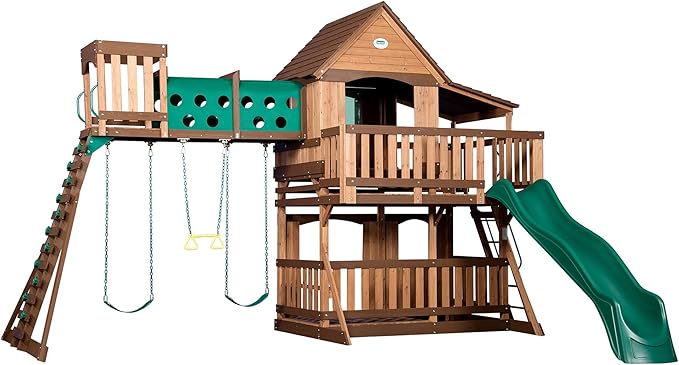 Backyard Discovery Woodridge Elite Cedar Wood Swing Set with Wave Slide, Clubhouse, Crawl Tunnel, Crow's Nest, Belt Swings, Trapeze, Rock Wall Ladder, Sandbox, Wrap-Around Porch, Deck, Outdoor Playset