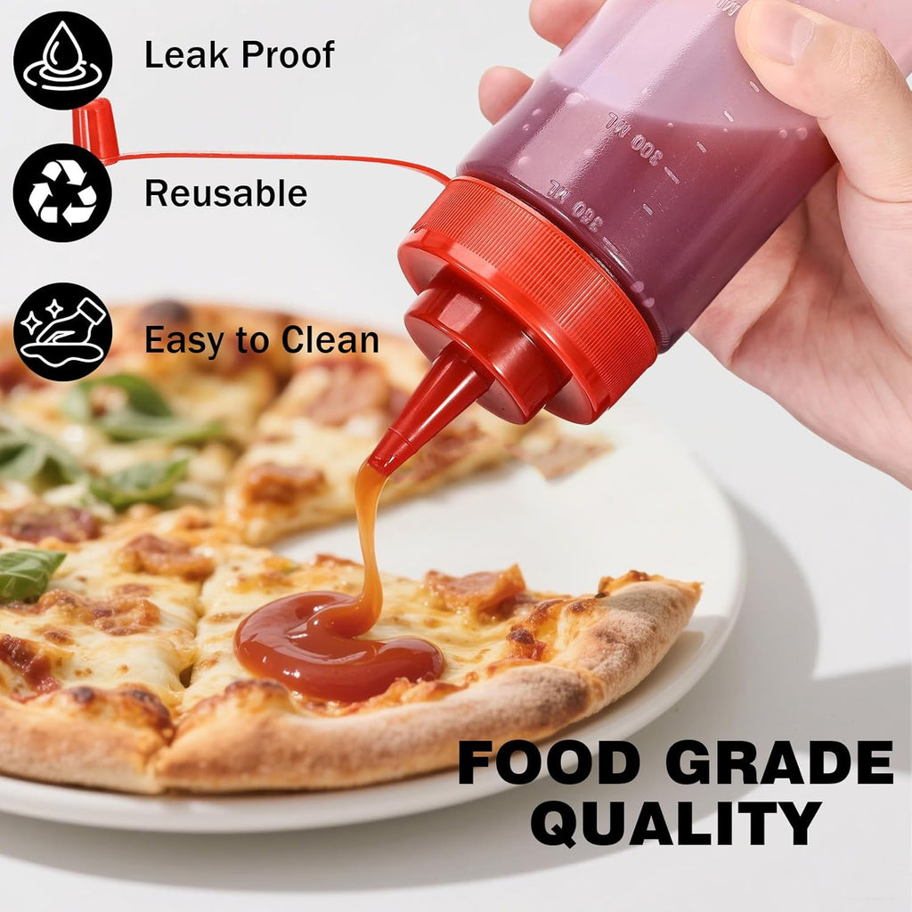 Condiment Squeeze Bottles Ketchup Dispenser, 6 Pack 12oz Squeeze Bottles for Liquids, Plastic Sauce Bottle with Cap Lid, Squirt Bottles for Sauces Liquids BBQ Dressing Pancake Art