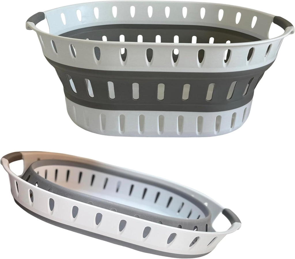 Premium Collapsible Laundry Baskets – Foldable Laundry Basket & Hamper Bin 45L with Handles for Clothes, Ventilated Plastic Storage, White & Grey for Bedroom, Bathroom or Laundry Room