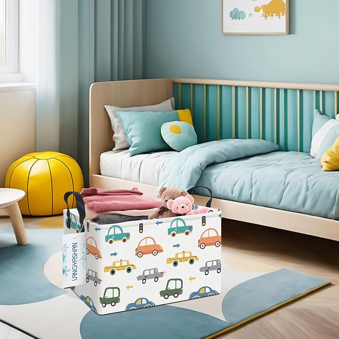 LANGYASHAN Rectangular Storage Bin Collapse Canvas Fabric Cartoon Storage Basket with Handles for Organizing Home Kitchen Boys and Girls Toys Office Closet Shelf Baskets(Rec Color Cars)
