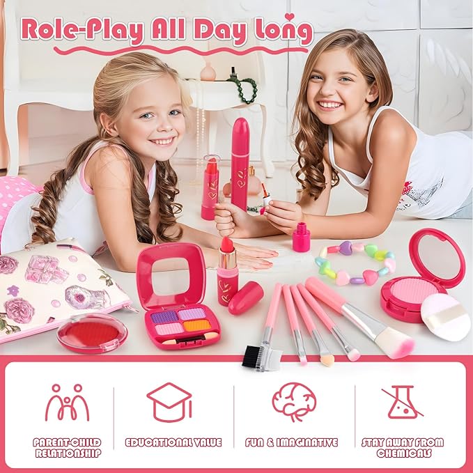 Girl Gifts Basic Pretend Makeup for Little Girls 3-5, Play Makeup for Kids 3-5, Fake Makeup Set Toys for 3 4 5 6 7 Year Old Girls, Toddler Makeup Kit with Fake Make up Toys Gifts
