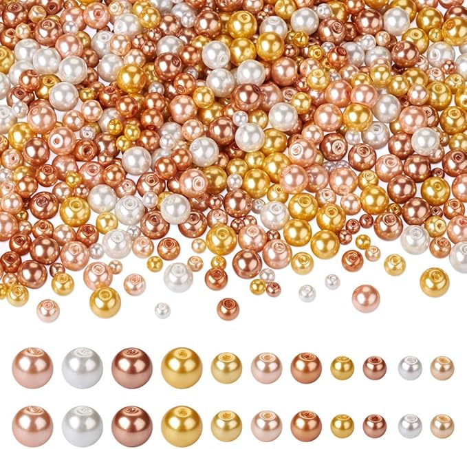 About 1695Pcs 4/6/8mm Glass Pearl Beads Pearlized Beads Multi Colors Round Spacer Beads for DIY Craft Jewelry Making Hole: 1mm, Mixed Gold