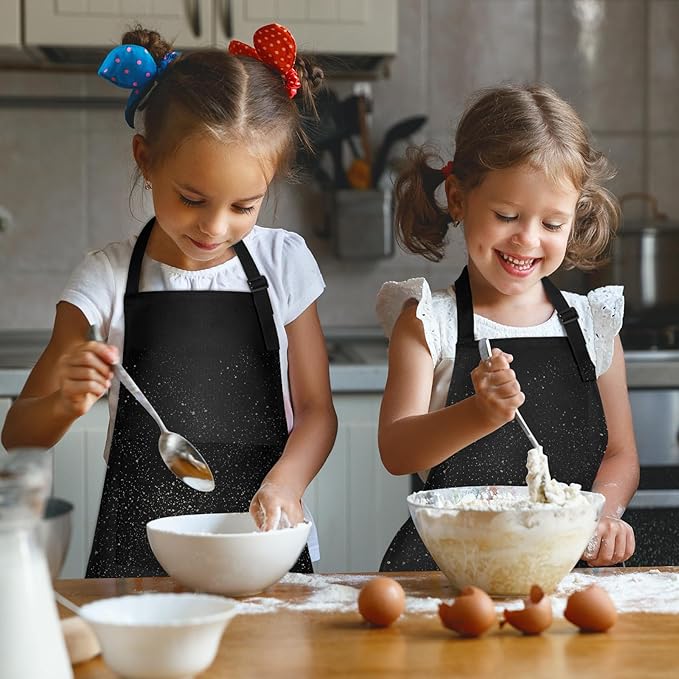 PLULON 10 Pcs Kids Apron Adjustable Kids Chef Apron Set with 2 Pocket for Painting Cooking Baking Grilling Crafting (Black)