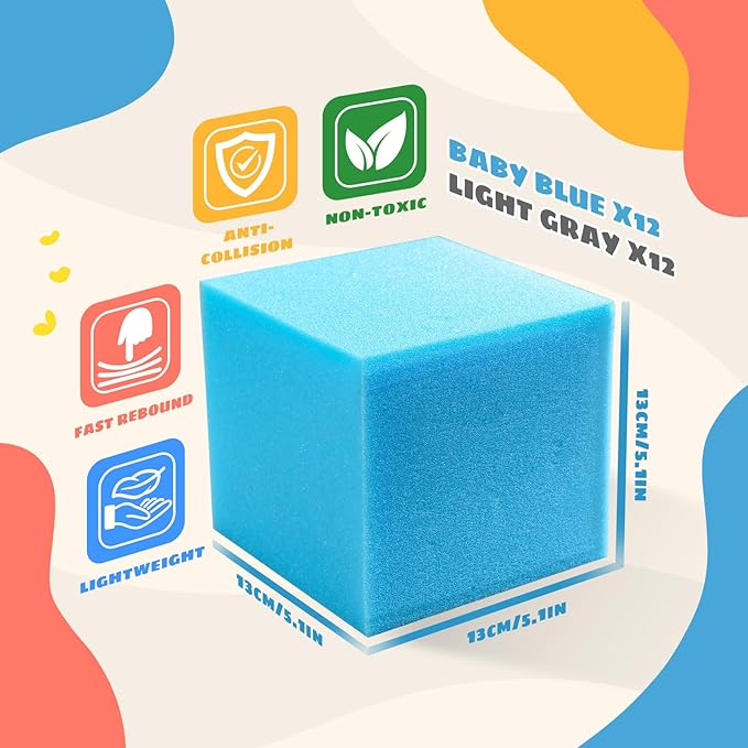 Foam Pit Cubes, 24 PCS 5 Inches Gymnastics Foam Blocks Trampoline Blocks, Multi-Sport Protective Padding for Gymnastics, Trampoline, Parkour, Skate Parks & BMX - Grey & Blue