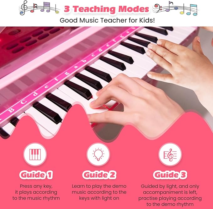 HONEY JOY Classical Kids Mini Grand Piano, 37-Key Electronic Piano with Music Stand & Stool, Portable Musical Instrument Toy for Kids (Pink, 37 Keys)